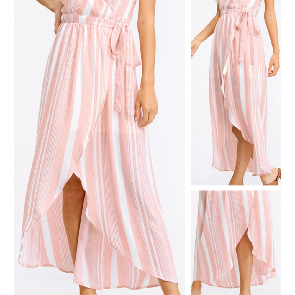 Restock✨Pink Stripe Backless HiLow Midi Wrap Dress - Picture 6 of 8